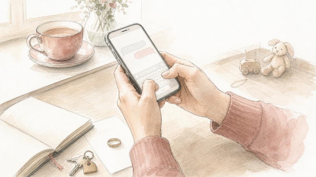 Руки набирают спокойное сообщение бывшему мужу в телефоне