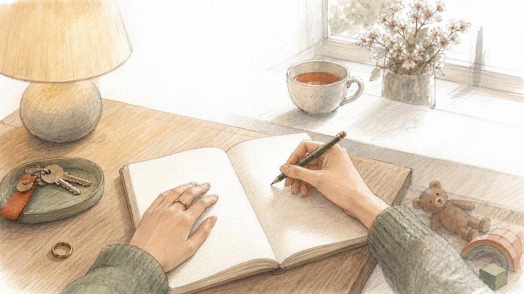 Женщина пишет в блокноте свои мысли | Промт: A woman's hands writing in an open notebook on a kitchen table, a cup of tea nearby, warm lamp light, reflective solitary mood of self-inquiry, soft hand-drawn illustration, pencil line art with light watercolor wash, paper texture, warm muted palette (warm beige, muted sage, soft terracotta), editorial illustration for a psychology magazine, not photorealistic, not cartoon, no faces in detail, no text on image, no logos. Russian audience, no text on image.