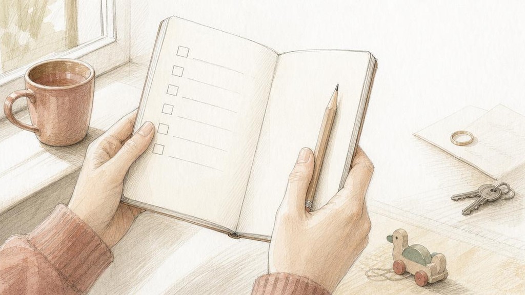 Список с отметками в блокноте крупным планом | Промт: Close-up of hands holding a small notebook with a handwritten checklist, a pencil resting on the page, warm daylight from a window, calm methodical mood, soft hand-drawn illustration, pencil line art with light watercolor wash, paper texture, warm muted palette (warm beige, soft terracotta, milky white), editorial illustration for a psychology magazine, not photorealistic, not cartoon, no text visible on the notebook, no logos. Russian audience, no text on image.