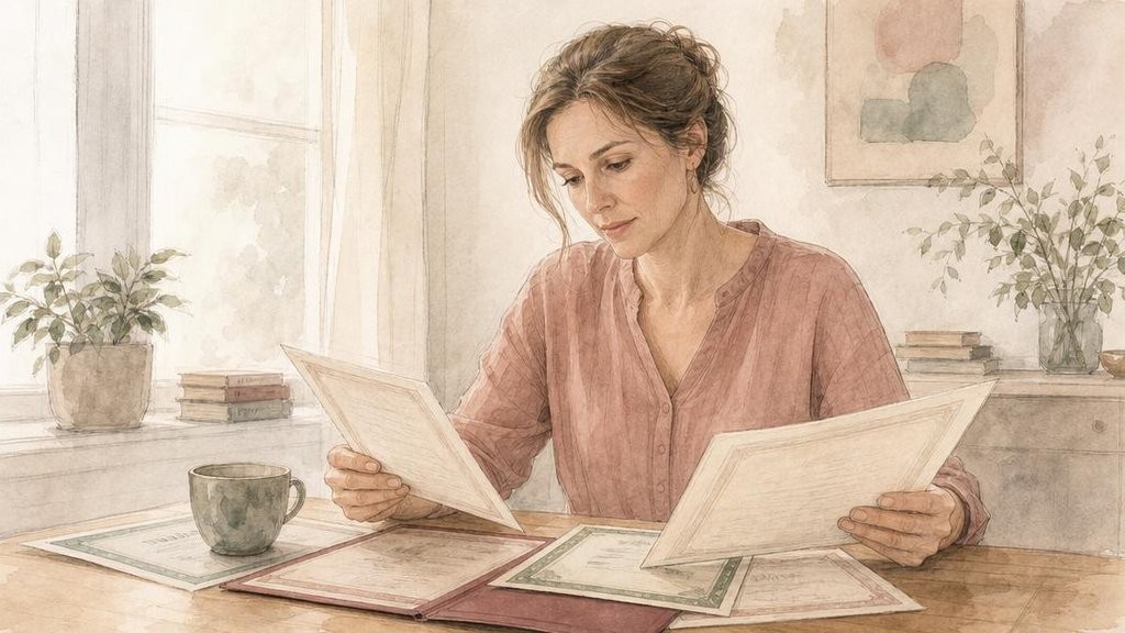 Женщина листает дипломы и сертификаты психолога