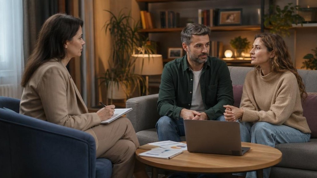 Психолог слушает пару на сеансе семейной терапии