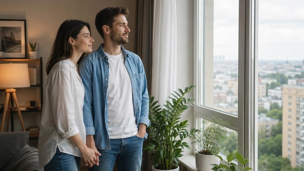 Пара смотрит в окно вместе, держась за руки, с надеждой