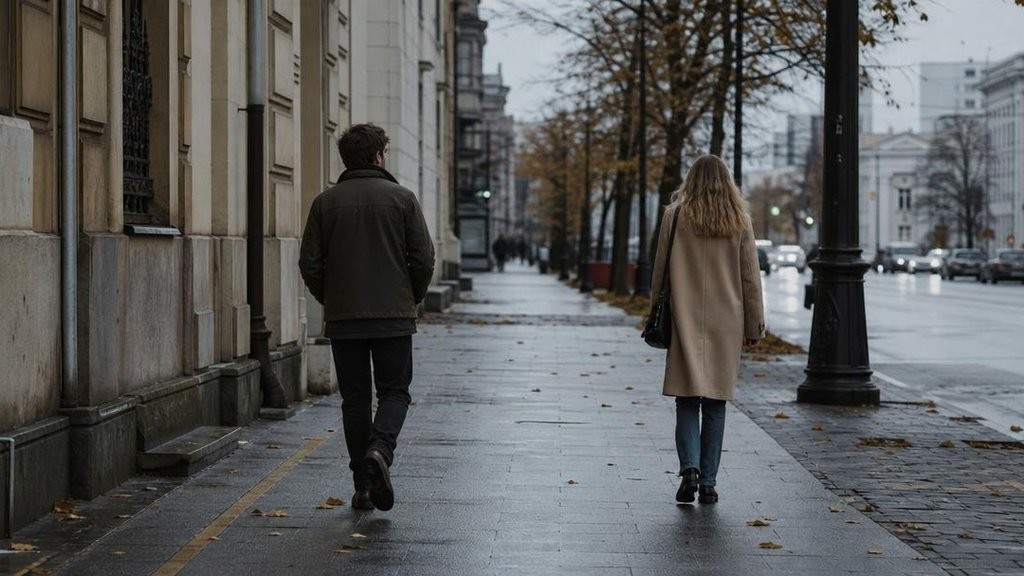 Двое идут по улице, вид сзади, между ними небольшой зазор
