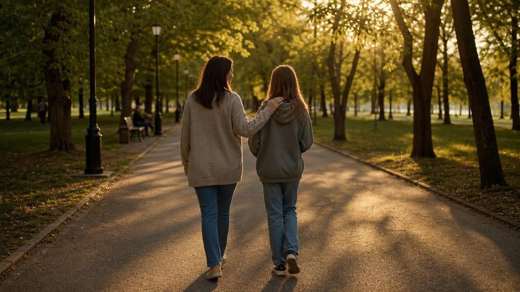 мама кладёт руку на плечо подростку на прогулке