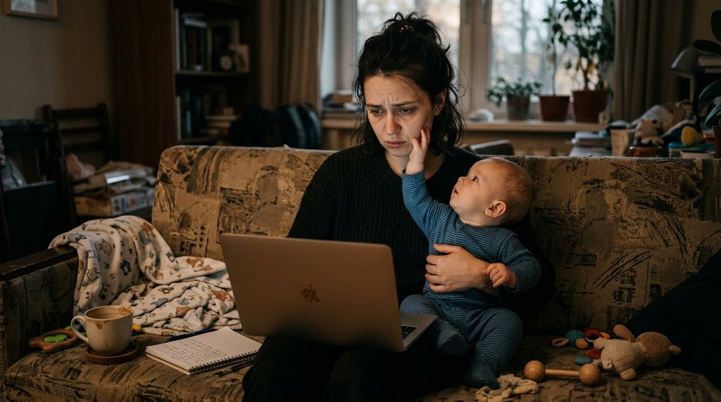 Мама с ребёнком на руках отвлекается на ноутбук - двойная вина работающей мамы в декрете