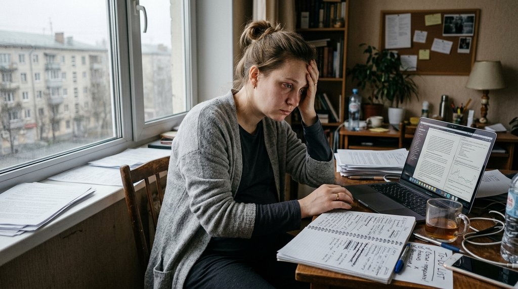 Беременная женщина за ноутбуком с усталым выражением лица — перфекционизм и эмоциональное истощение при беременности