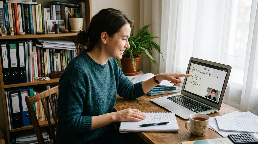 Женщина-репетитор проводит онлайн-урок через ноутбук дома - удалённая работа репетитором в декрете