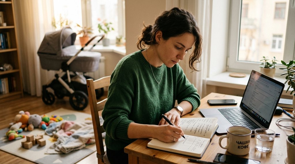Мама в декрете составляет план поиска работы за ноутбуком с блокнотом — пошаговый алгоритм поиска удалённой работы