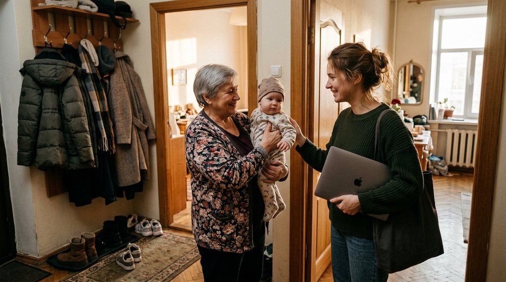 Молодая мама передаёт ребёнка бабушке чтобы поработать — совмещение ухода за ребёнком и удалённой работы в декрете