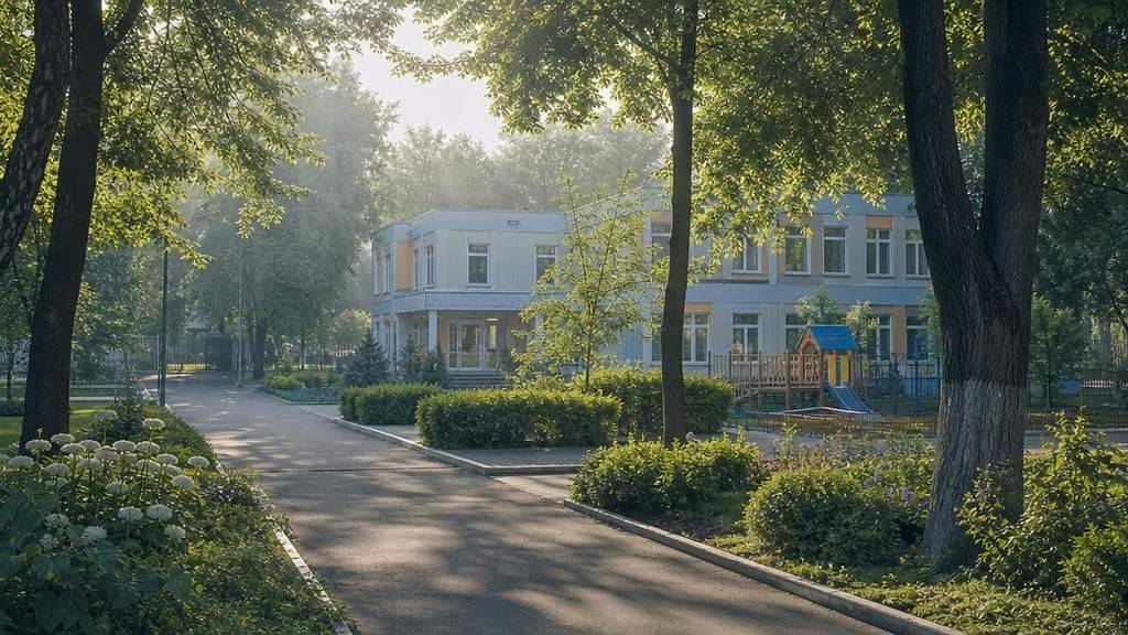 Пустая аллея детского сада в мягком утреннем свете