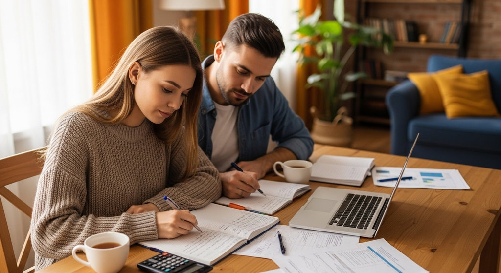 Пара за столом вместе планирует семейный бюджет