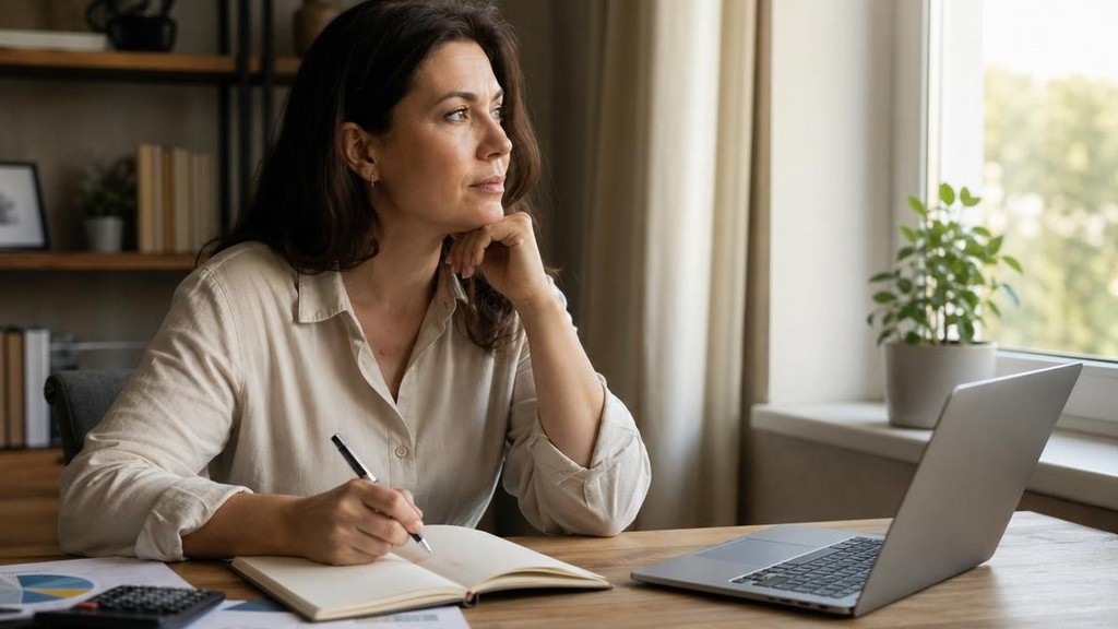 Женщина задумчиво записывает мысли в дневник у окна