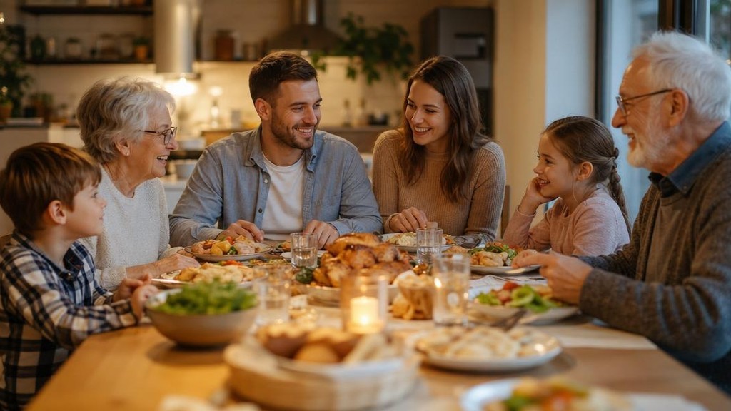 Три поколения семьи вместе за ужином