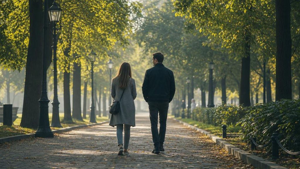 Мужчина и женщина гуляют по аллее парка