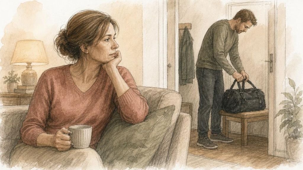 Женщина замечает перемены в поведении мужа дома