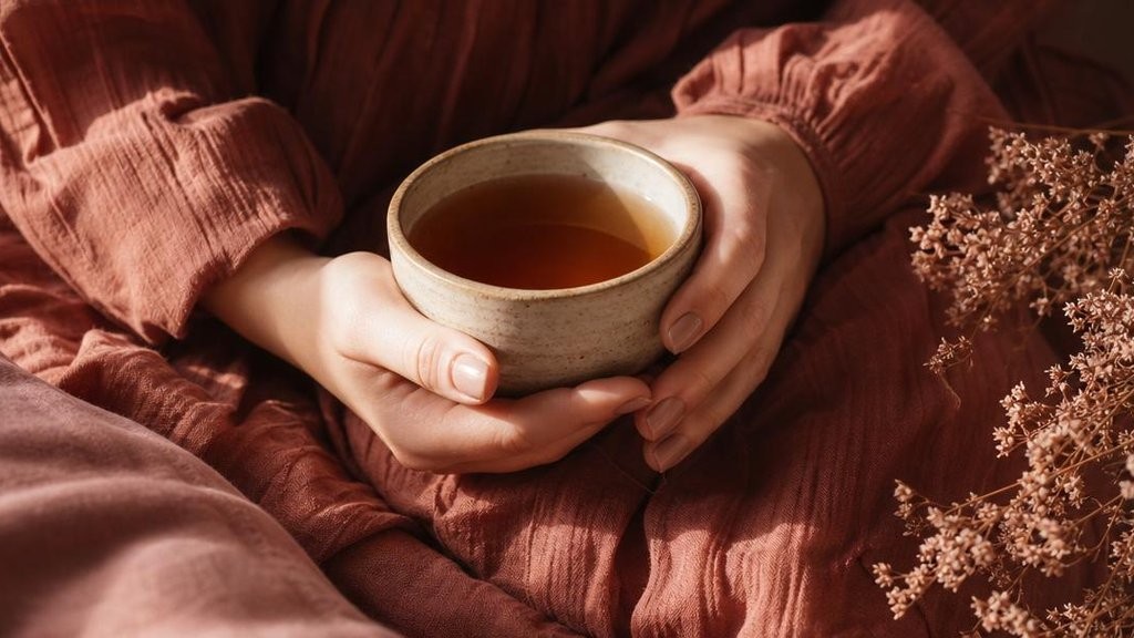 Женские руки держат керамическую кружку с чаем